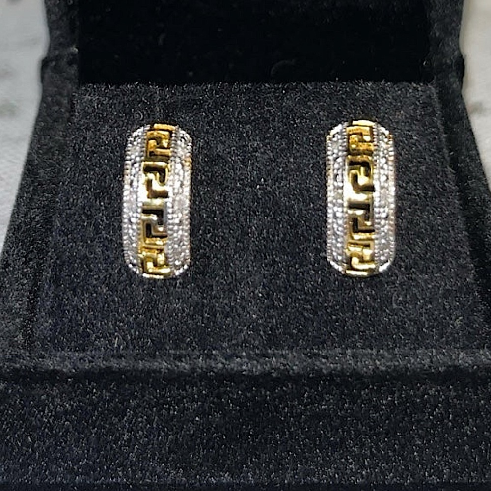 Real Diamond Stud Earrings, Greek, .18 CTW. Two Toned, 925 Sterling Silver *NWT*